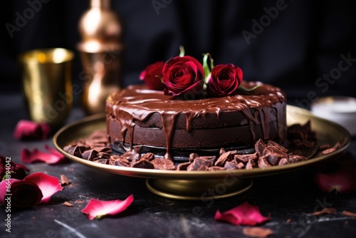 dark cacao date vegan cake on a rose gold tray