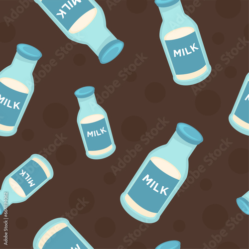 Milk in bottle, dairy products seamless pattern