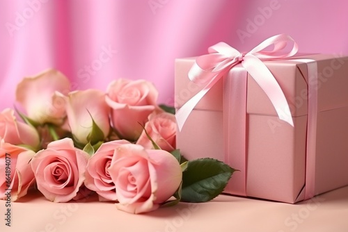Valentine's Day Gift Box with Pink Roses on Pink Background © Maximilien