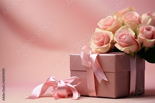 Valentine's Day Gift Box with Pink Roses on Pink Background