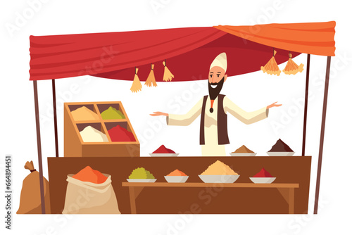Asian street market or bazaar in old eastern city. Cartoon vendors selling in local marketplace. Sellers at counters or traditional retailing