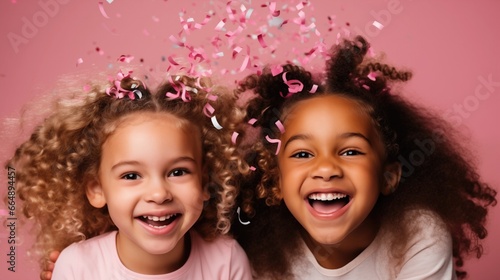 Two cute girls with confetti on pink background.