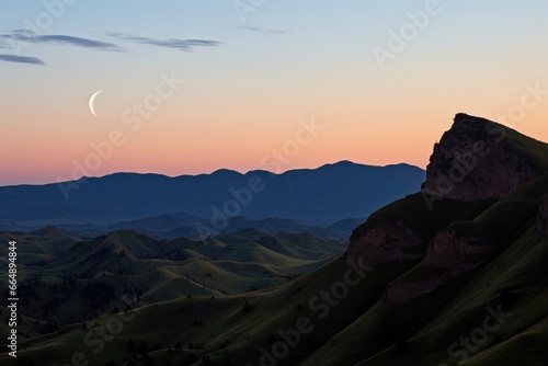 crescent moon between two hill peaks