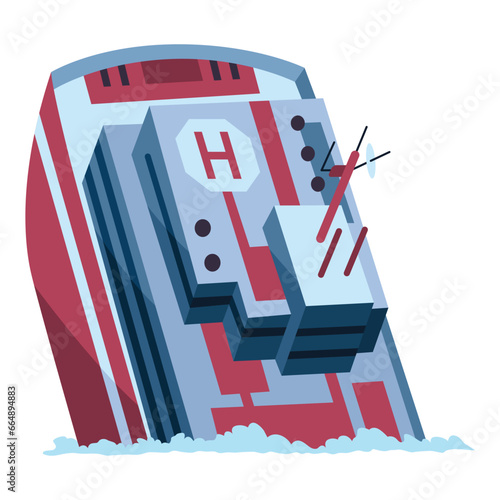 Damaged ship. Crash or accident in sea. Marine catastrophe. Cargo ship sinking in flat design. Vessel failure, rescue problem nautical transportation