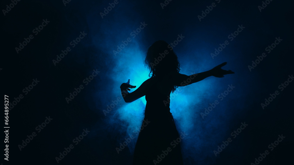 Silhouette dancing. Contemporary performance. Graceful flexibility. Tender slim woman moving in haze shadow spot light dark background copy space.