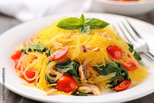 spaghetti squash salad with vegetables on a white plate