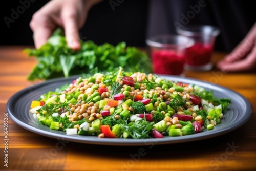 hand spooning a mixed three bean salad onto a plate