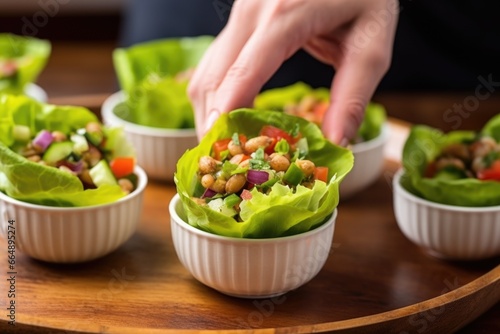 hand serving a portion of three bean salad into a lettuce cup
