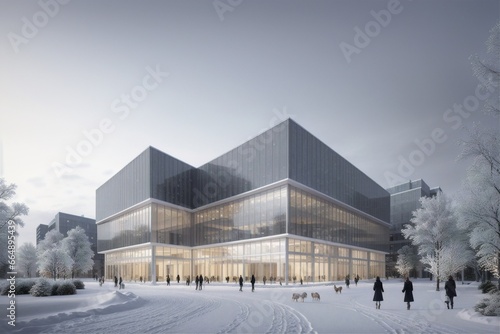 rendering of a large building with a lot of windows and people walking in the snow