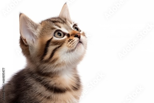 Playful funny kitten looking up isolated on a white background. © Md