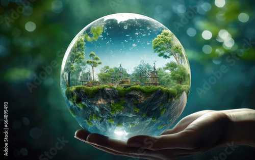 Hand holding glass globe in the in nature. Protecting the earth's water resources,, environmental protection concept.