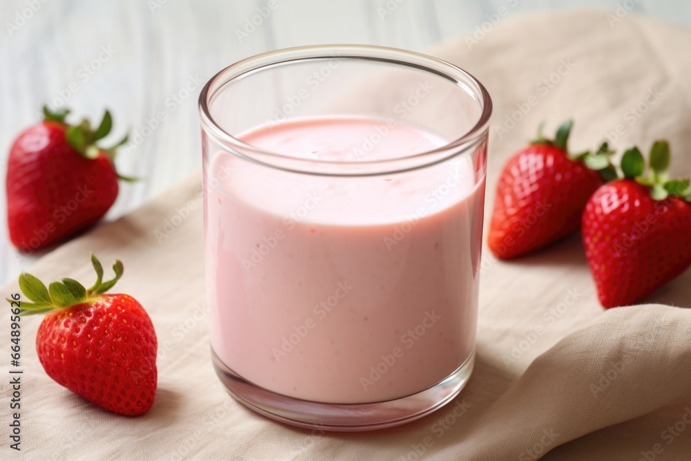 a slightly spilled strawberry yogurt drink from a glass cup a slightly spilled strawberry yogurt drink from a glass cup