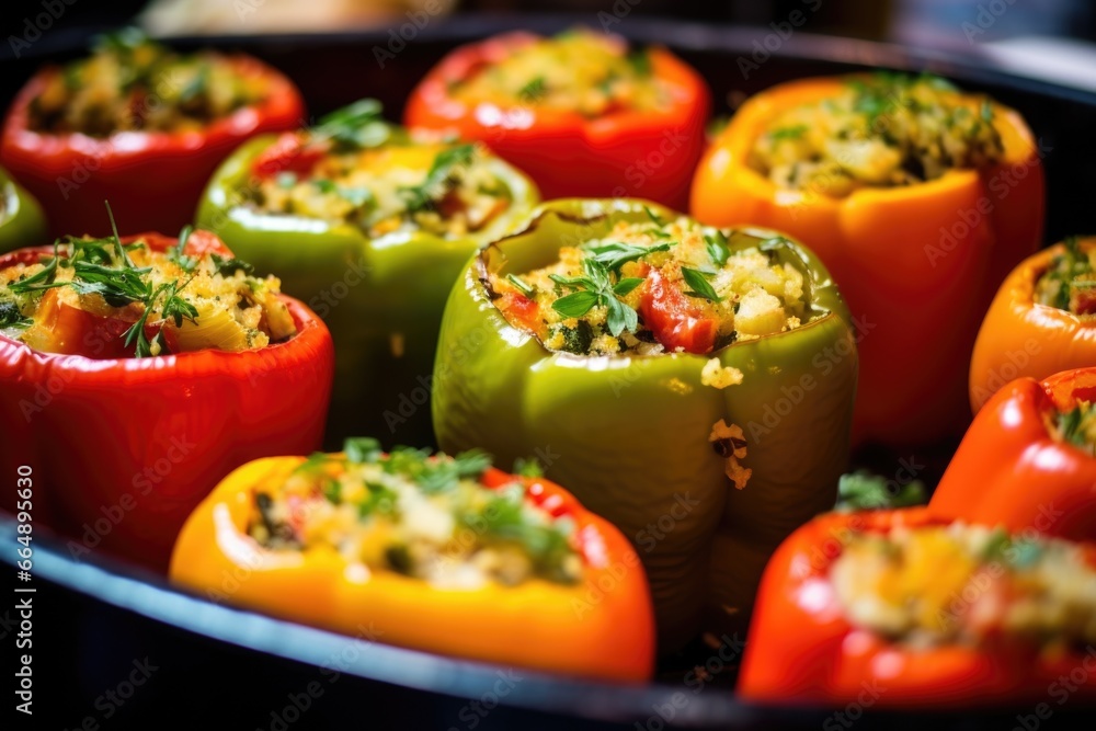 close-up angle of a pan filled with stuffed bell peppers close-up angle of a pan filled with stuffed bell peppers