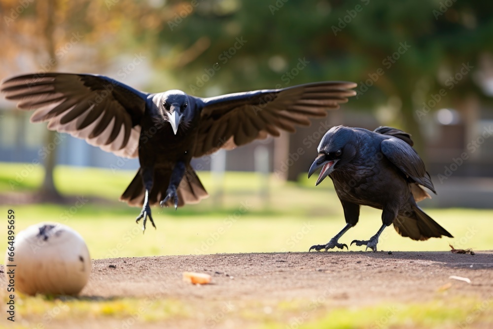 Fototapeta premium a crow stealing a shiny object while another crow watches on
