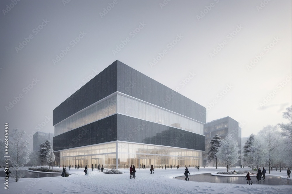 people walking in the snow outside of a building with a lot of windows people walking in the snow outside of a building with a lot of windows