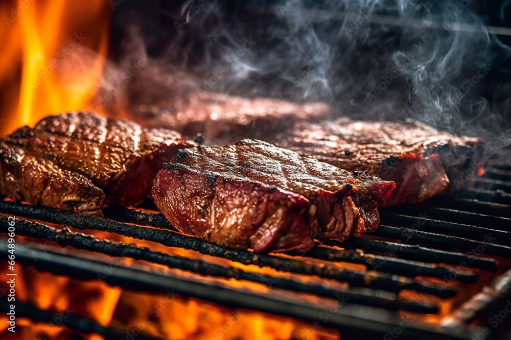 Meat grilling on a charcoal grill with smoke rising.. Meat grilling on a charcoal grill with smoke rising..