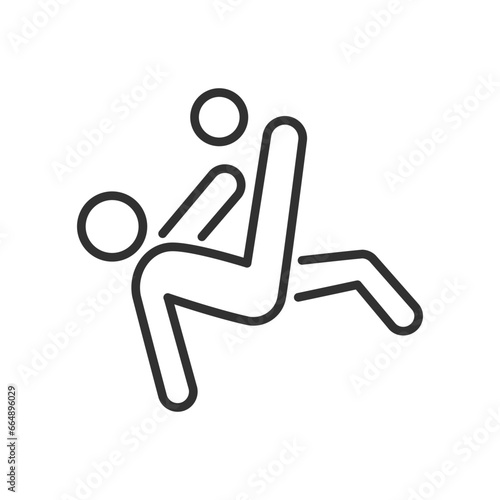 Man in flight scoring the soccer ball, linear icon. Line with editable stroke