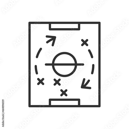 Strategy on the soccer field, linear icon, in the arrow on the athletic field. Line with editable stroke