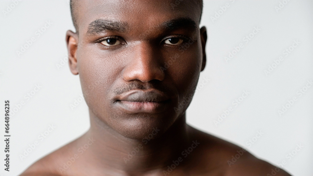 Fototapeta premium Man cosmetology. Facial care. Male dermatology. Confident handsome attractive guy with clean healthy perfect face skin isolated on white background,