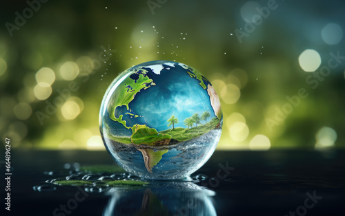 Glass globe in the in nature. Protecting the earth s water resources   environmental protection concept.