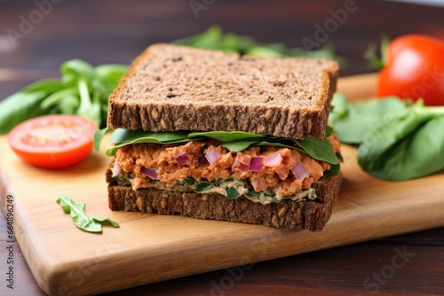 meatless tempeh sandwich on whole grain bread