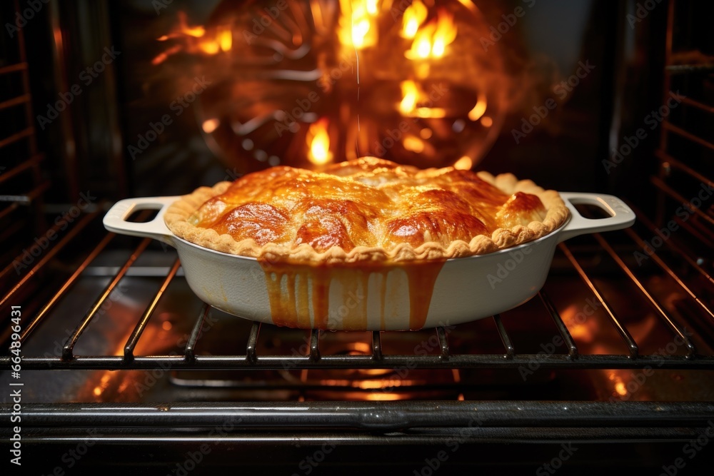 oven view of a turkey meat pie getting baked - obrazy, fototapety, plakaty 