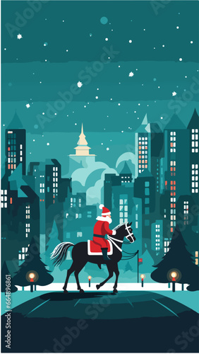Père Noël montant un cheval au milieu de la ville, la nuit