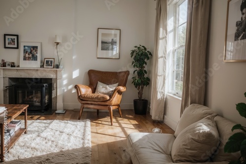 luxury livingroom interior design mockup with black leather furniture and picture frame in a wall.