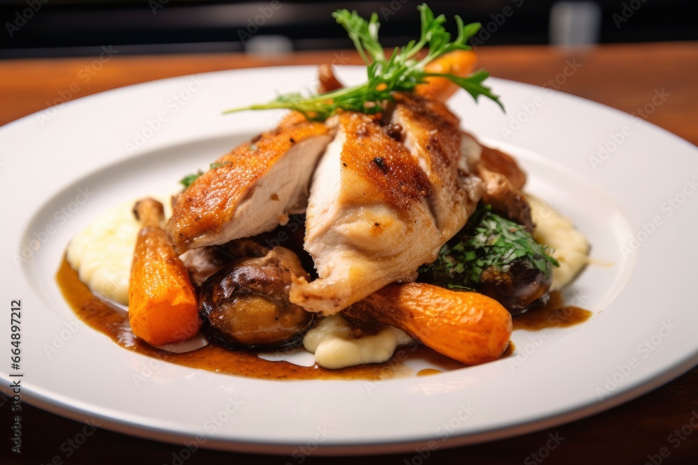Plated chicken roast dinner on a white plate with carrot and morel mushroom. Plated chicken roast dinner on a white plate with carrot and morel mushroom.