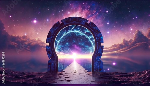 Portal to another world. Futuristic cosmic landscape with circle tunnel in starry sky.
