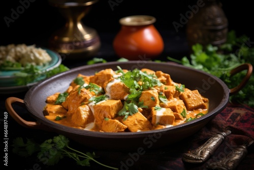 vegan butter chicken made with tofu, garnished with cilantro