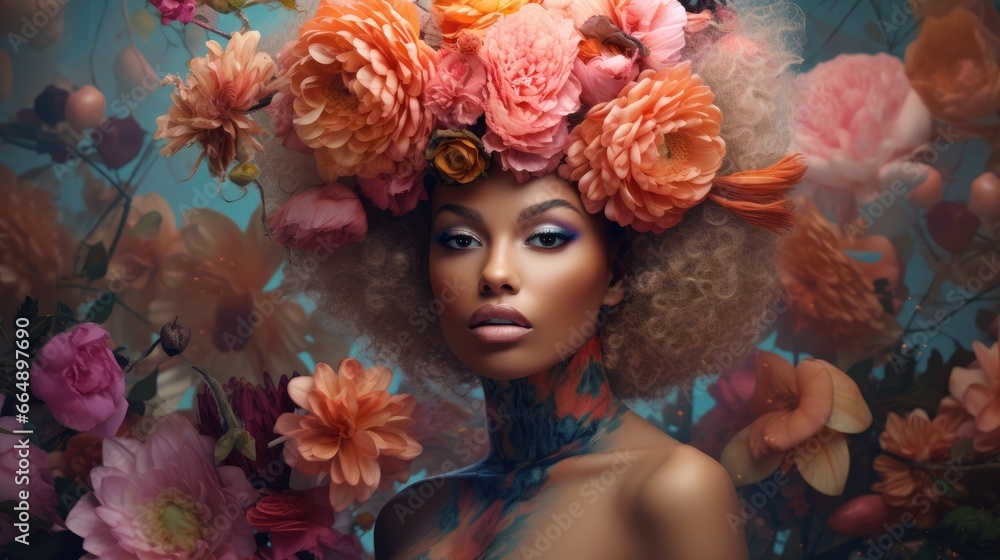 The concept of hair care with means that improve their condition. Beautiful girls with model faces have bouquets of flowers in their hair. The concept of hair care with means that improve their condition. Beautiful girls with model faces have bouquets of flowers in their hair.