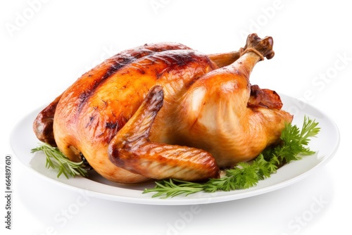 Roasted chicken on isolated white background.