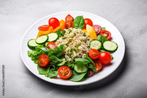 Salad with quinoa, spinach, broccoli, tomatoes, cucumbers and carrots.