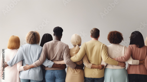 Group of mix race people hugging each other supporting each other symbolizing unity, back view photo