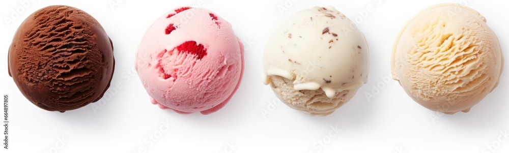 Set of four various ice cream balls or scoops isolated on white background. Set of four various ice cream balls or scoops isolated on white background.