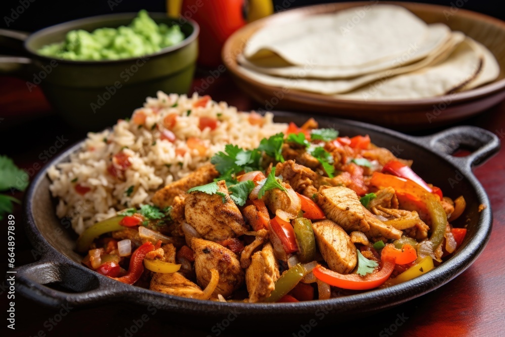 chicken fajitas served with a side of mexican rice chicken fajitas served with a side of mexican rice
