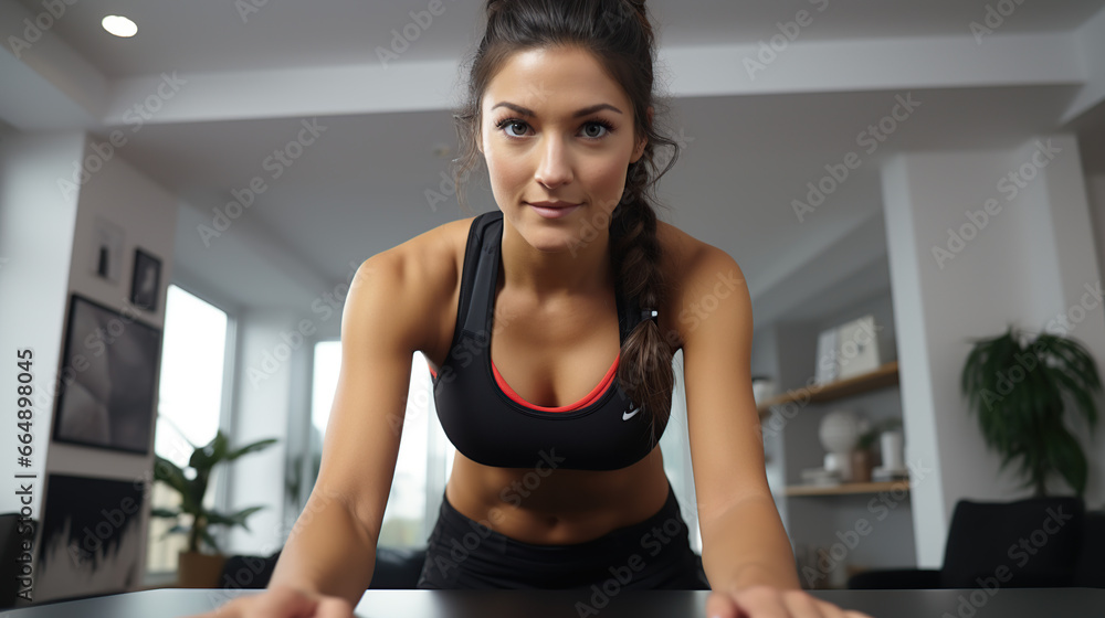 Athletic female blogger in sportswear takes video with camera as she exercises at home in living room. Athletic female blogger in sportswear takes video with camera as she exercises at home in living room.
