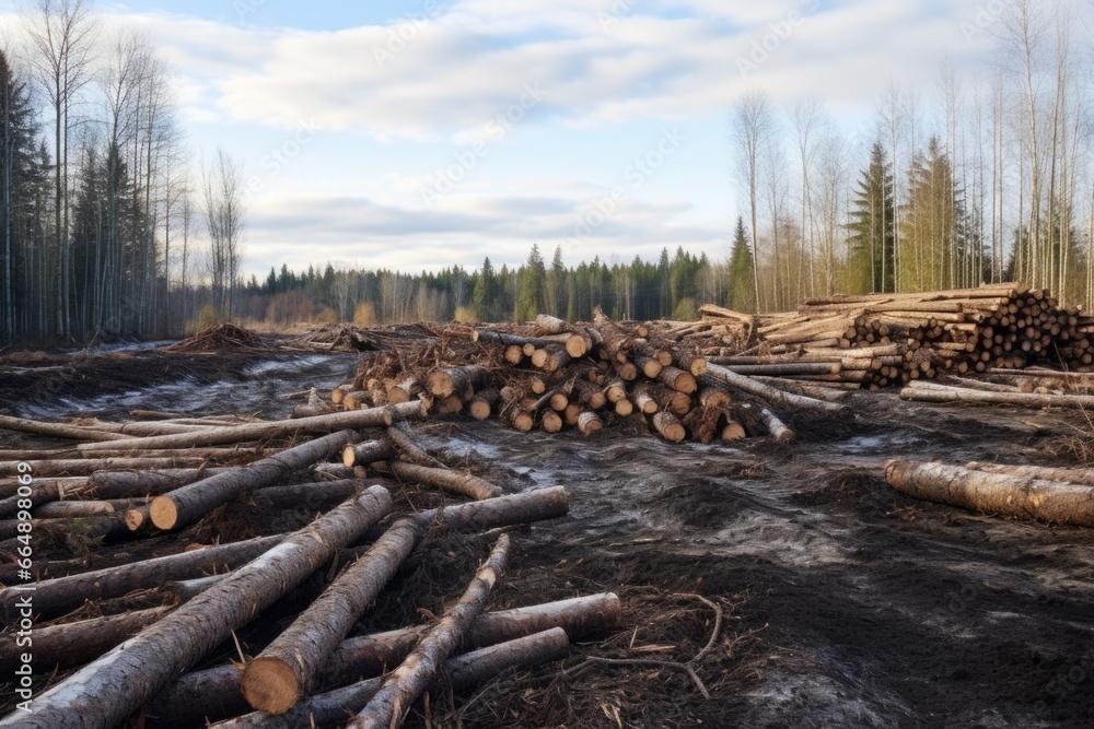 pile of deforested logs lying in an otherwise empty forest area