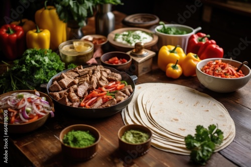 fajitas preparation with ingredients spread on the table
