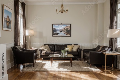 Wallpaper Mural  luxury livingroom interior design mockup with black leather furniture and picture frame in a wall. Torontodigital.ca