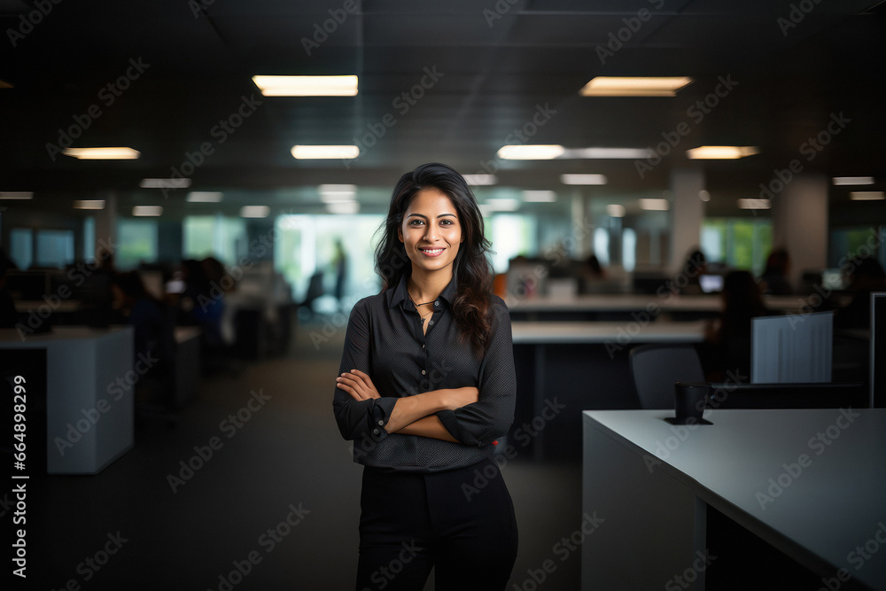 Successful young Indian businesswoman standing in office Successful young Indian businesswoman standing in office