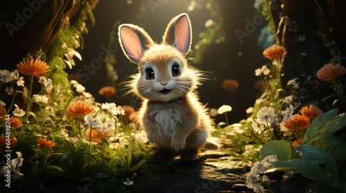 rabbit in the forest in flowers