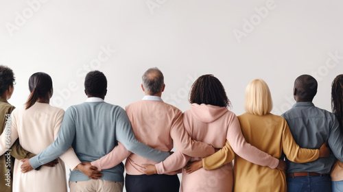Group of mix race people hugging each other supporting each other symbolizing unity, back view photo