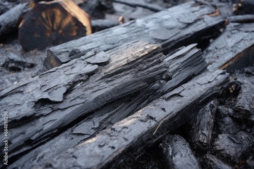 charred wood pieces, aftermath of a forest fire