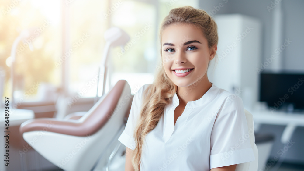 Young beautiful female dentist in clinic. Dentist in dental surgery, annual check-up.
