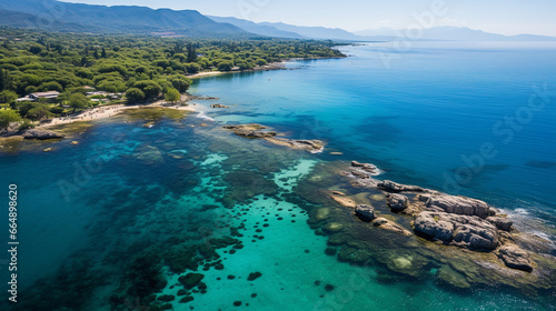 An aerial view of a tropical island's coastline, featuring coral reefs and crystal-clear waters © Наталья Евтехова