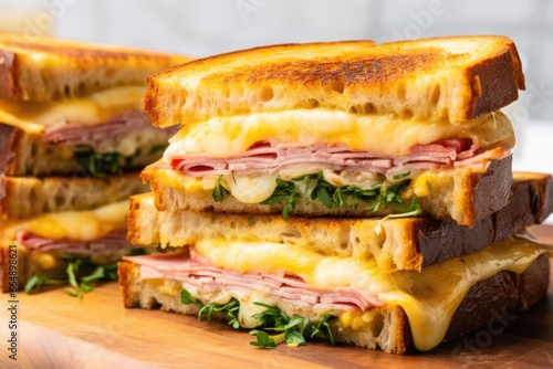 cross section of triple-stacked ham and cheese sandwich