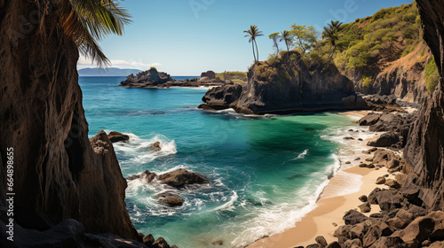 A secluded cove with golden sands, framed by dramatic rock formations and lush palm trees