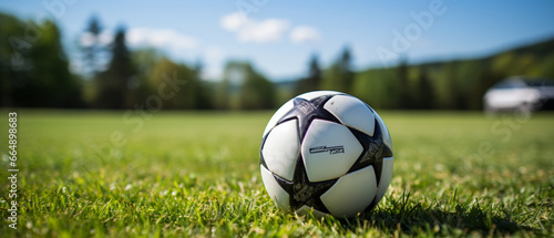 Fußball auf dem Rasen - Nahaufnahme eines klassischen Balls photo